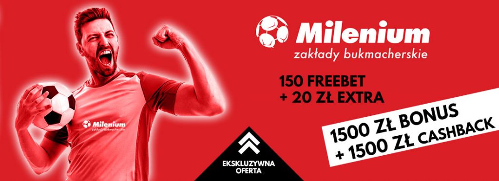 Kod promocyjny Milenium. Bonus powitalny, promocje i bonusy dla graczy. Grafika przedstawia fana przy tekście promocyjnym o bonusach Milenium
