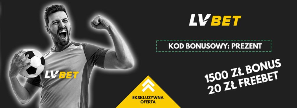 Kod Promocyjny LvBet . Bonus powitalny, promocje i oferty dla graczy. Grafika przedstawia celebrującego gracza oraz ofertę powitalną LvBet