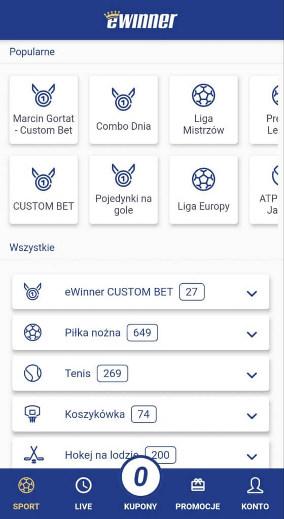 Nasza recenzja zakładów bukmacherskich eWinner – Opinie, oferta i opis obrazek przedstawia wygląd aplikacji mobilnej bukmachera eWinner