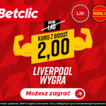 Obrazek przedstawia grafikę promującą bonus bukmachera Betclic na spotkanie Liverpoolu z Manchesterem United
