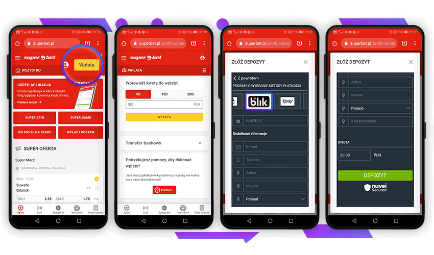 Etapy płatności przy wpłacie pieniędzy u bukmacherów przez Blik.