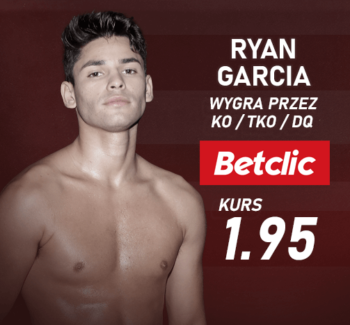Grafika przedstawia Ryana Garcię oraz kurs, jaki oferuje bukmacher Betclic za jego zwycięstwo.
