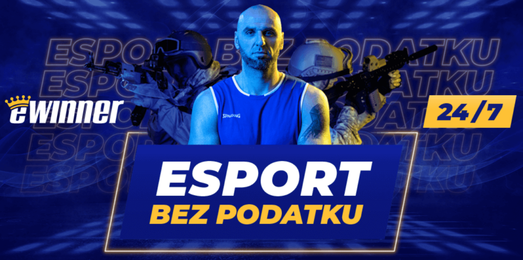 marcin gortat obok logo ewinner oraz informacją o promocji bez podatku na esport