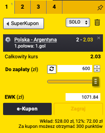 Kupon z typem bukmacherskim na Polska - Argentyna