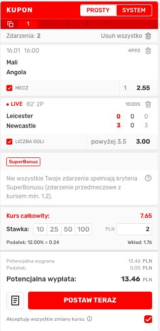 Kupon z typami live w Superbet