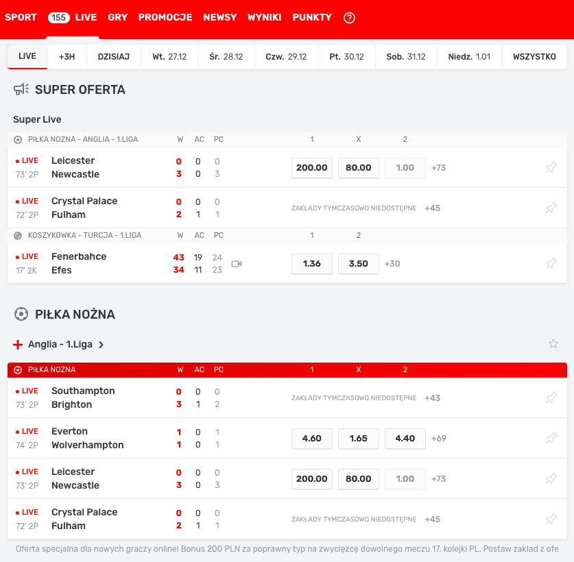 Superbet obstawianie na żywo sekcja z wydarzeniami