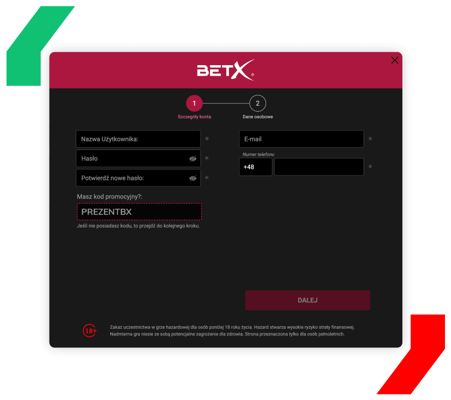 BetX rejestracja z kodem promocyjnym