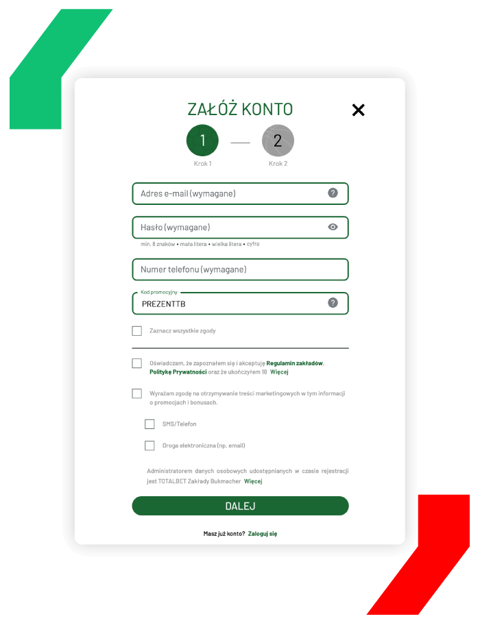 TOTALbet rejestracja z kodem promocyjnym