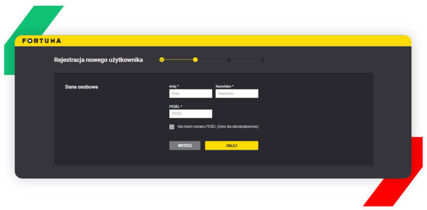 Rejestracja nowego użytkownika w Fortunie Krok 3