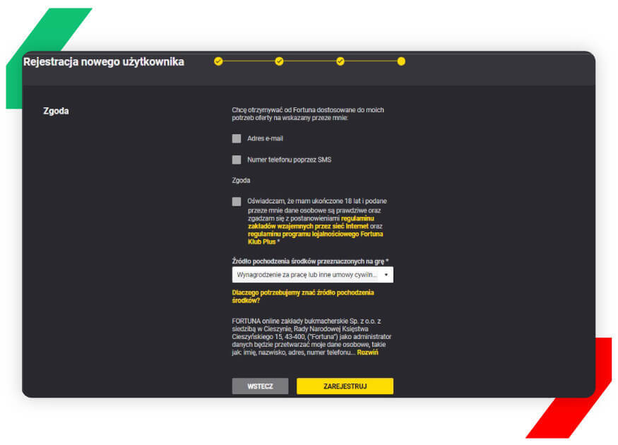 Rejestarcja nowego użytkownika w Fortunie krok 5