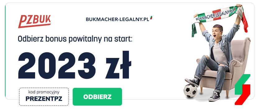 kwota bonusu powitalnego wraz z logo bukmachera Pzbuk