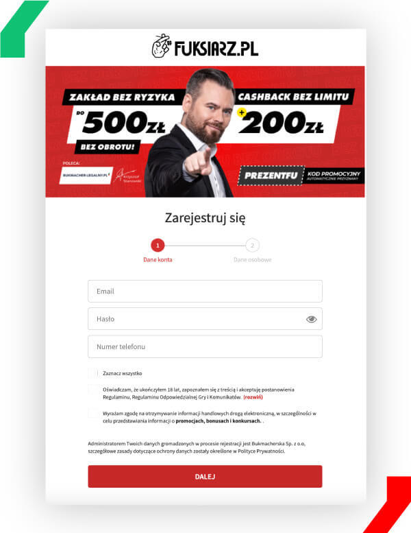 Fuksiarz proces rejestracji."