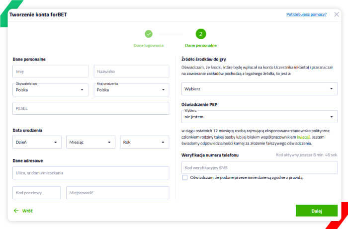 dane w formularzu forbet