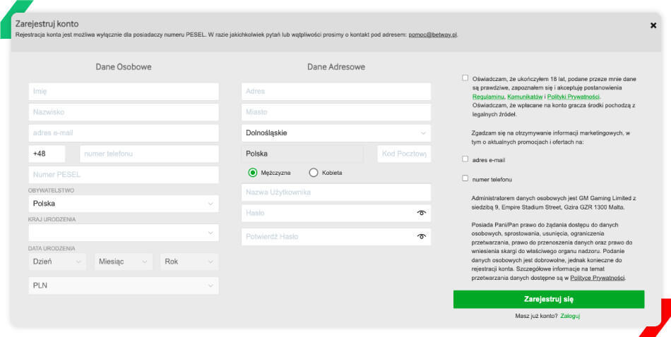 Betway rejestracja konta