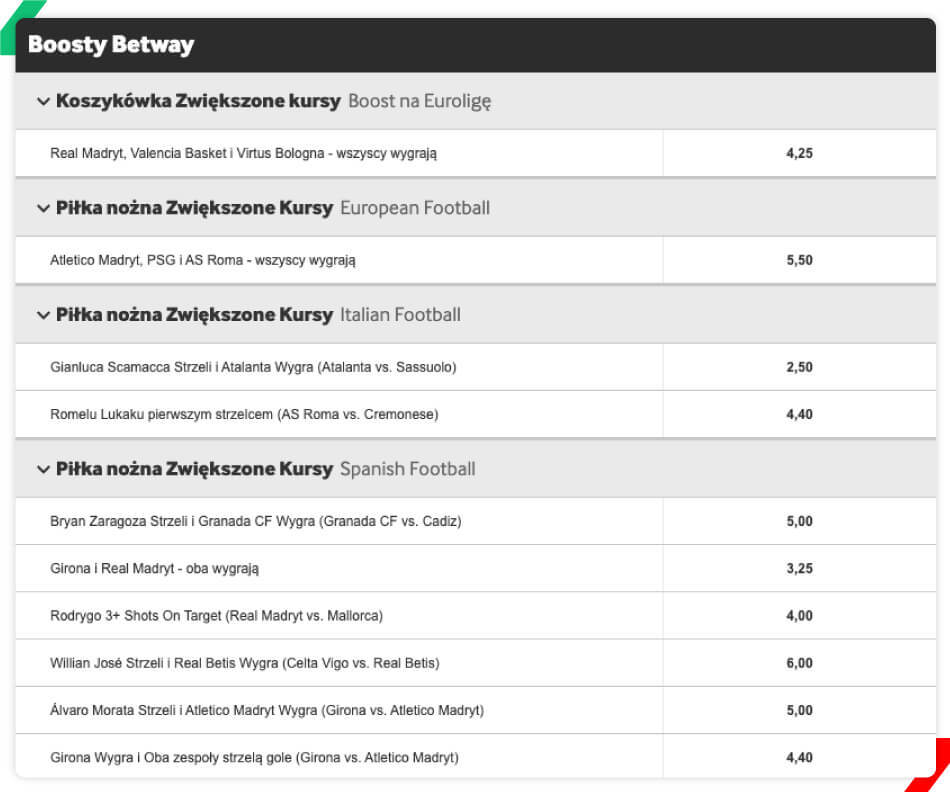 Boosty kursowe Betway