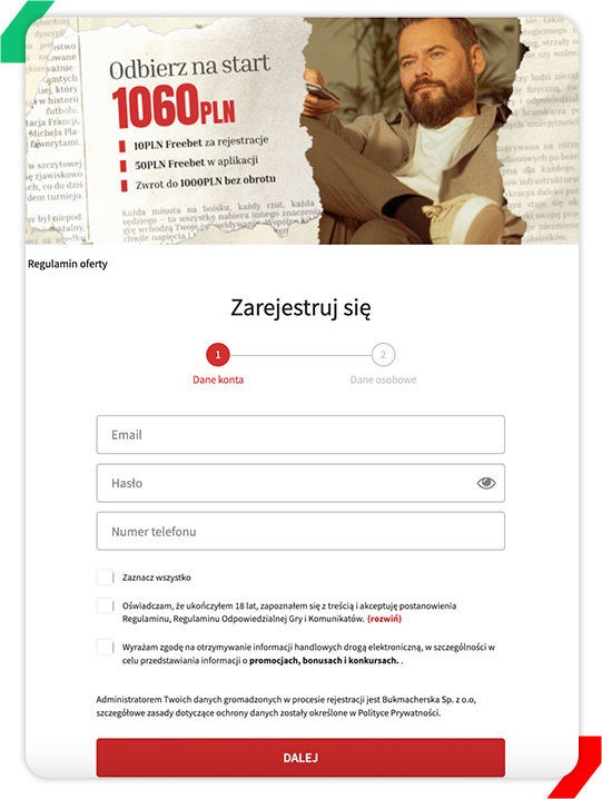 Rejestracja w Fuksiarzu - pierwsza strona