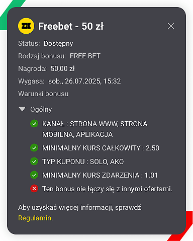 Fortuna freebet 50 PLN warunki