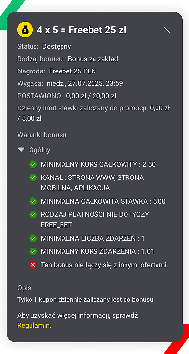 pięć freebetów 25 PLN w fortunie - warunki