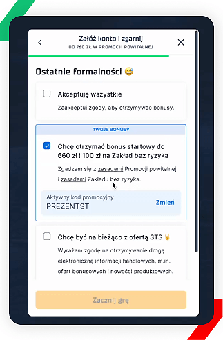 Formularz STS - strona z bonusem i kodem
