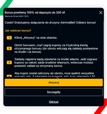 Przyznanie bonusu od pierwszej wpłaty AdmiralBet