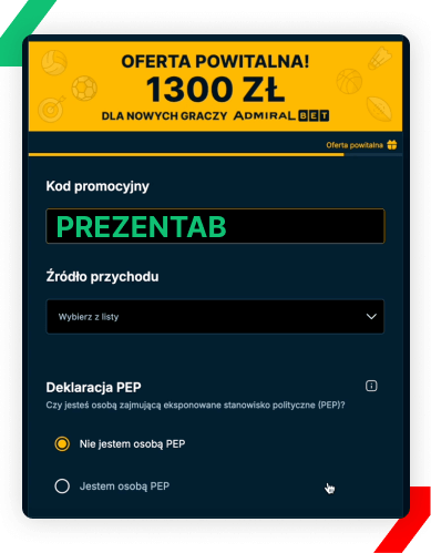 pole na kod promocyjny w formularzu AdmiralBet