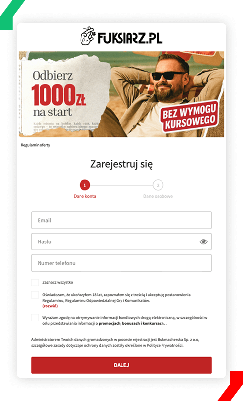 formularz rejestracyjny fuksiarz - 1 strona